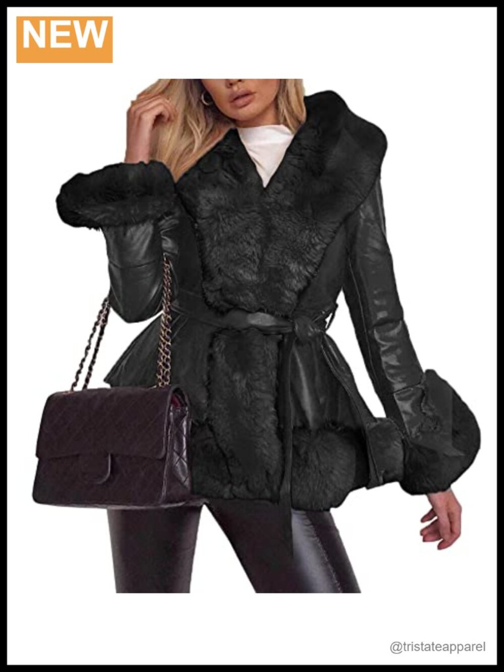 Faux Leather Parka Coat with Faux Fur Collar Long Sleeve Winter Outwear